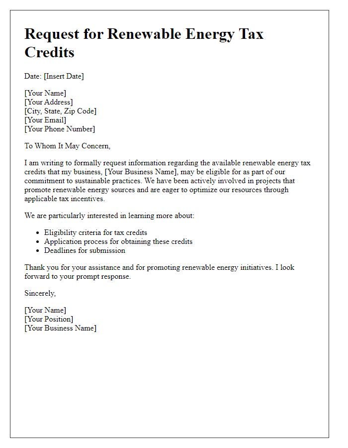 Letter template of request for renewable energy tax credits