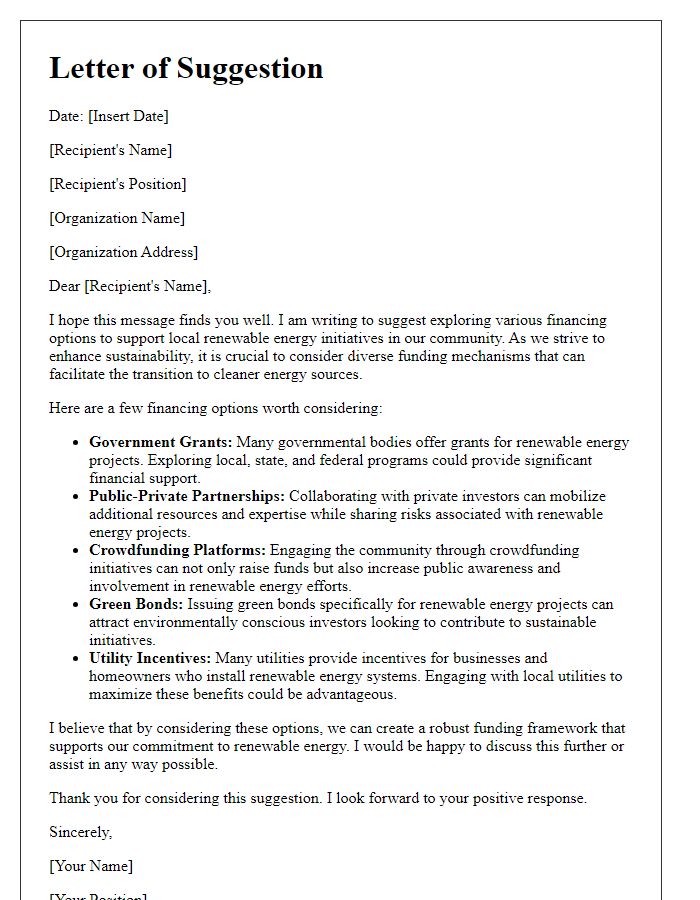 Letter template of suggestion for local renewable energy financing options