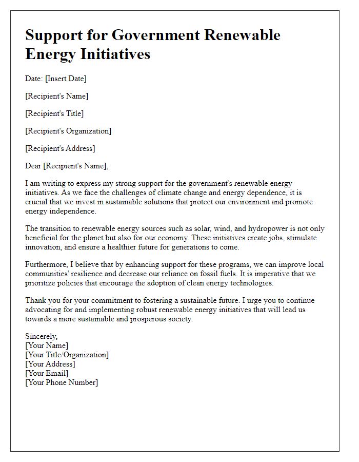 Letter template of support for government renewable energy initiatives