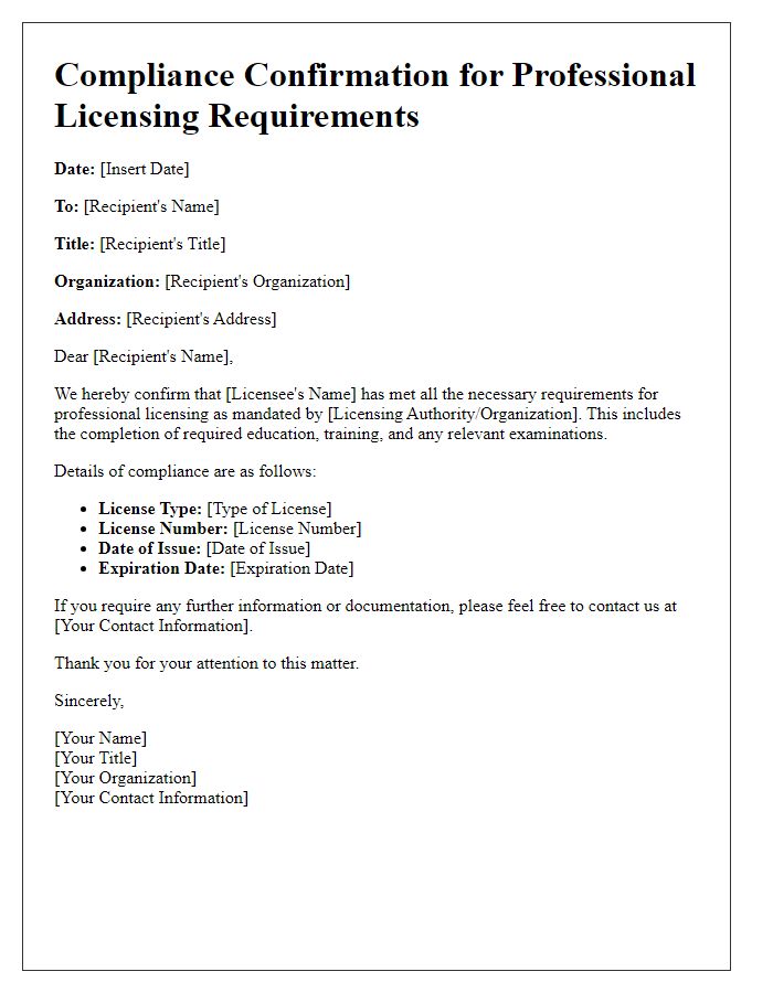 Letter template of compliance confirmation for professional licensing requirements