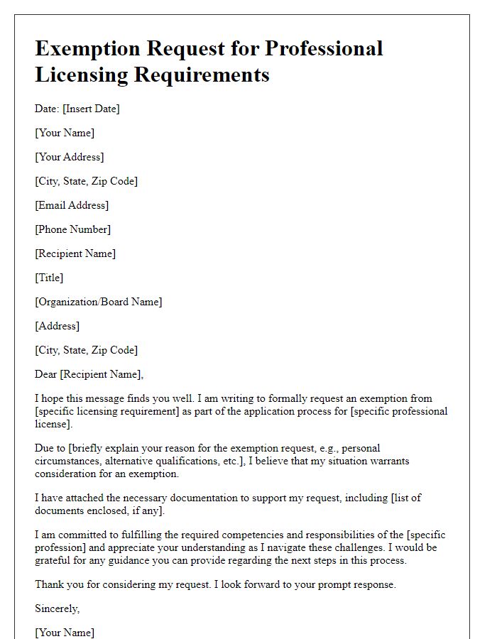 Letter template of exemption request for professional licensing requirements