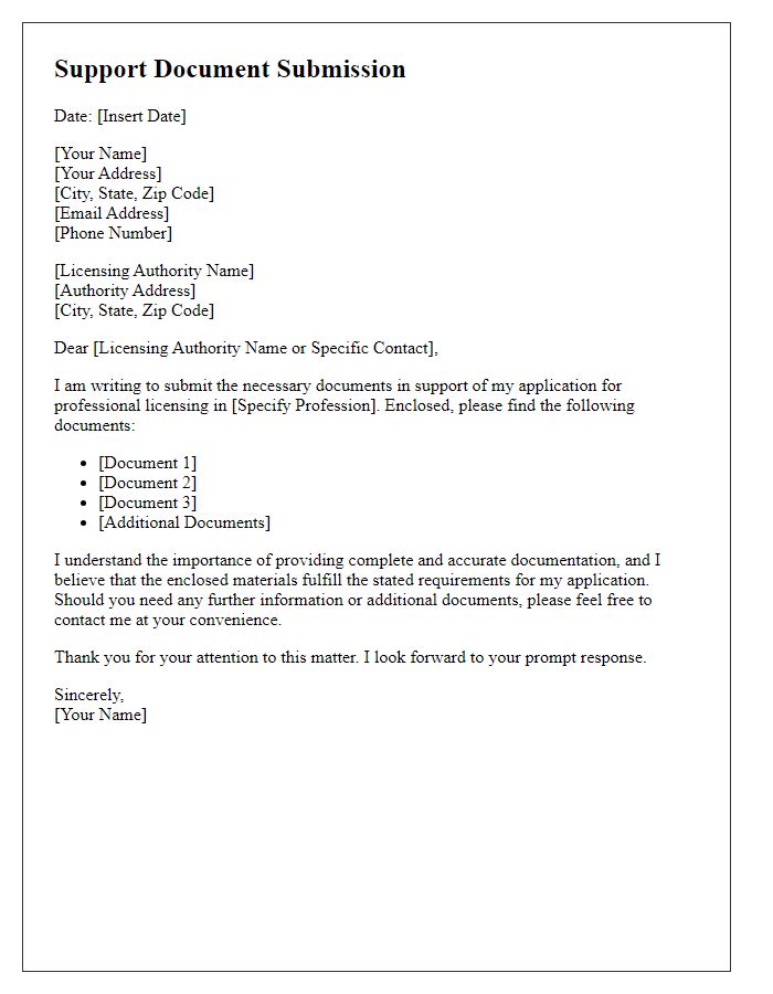 Letter template of support document submission for professional licensing requirements