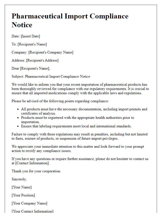 Letter template of pharmaceutical import compliance notice