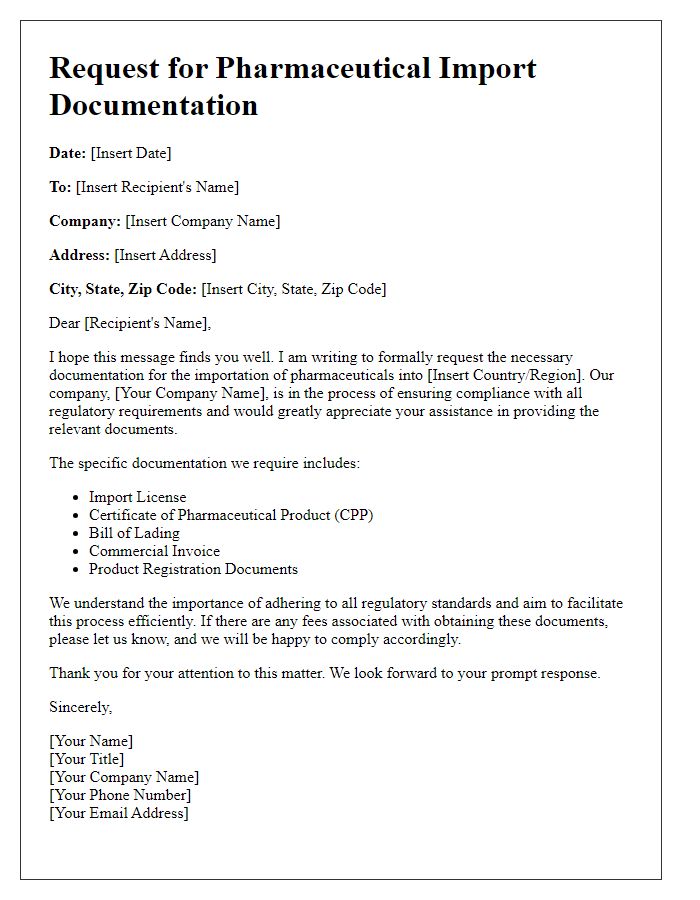 Letter template of pharmaceutical import documentation request