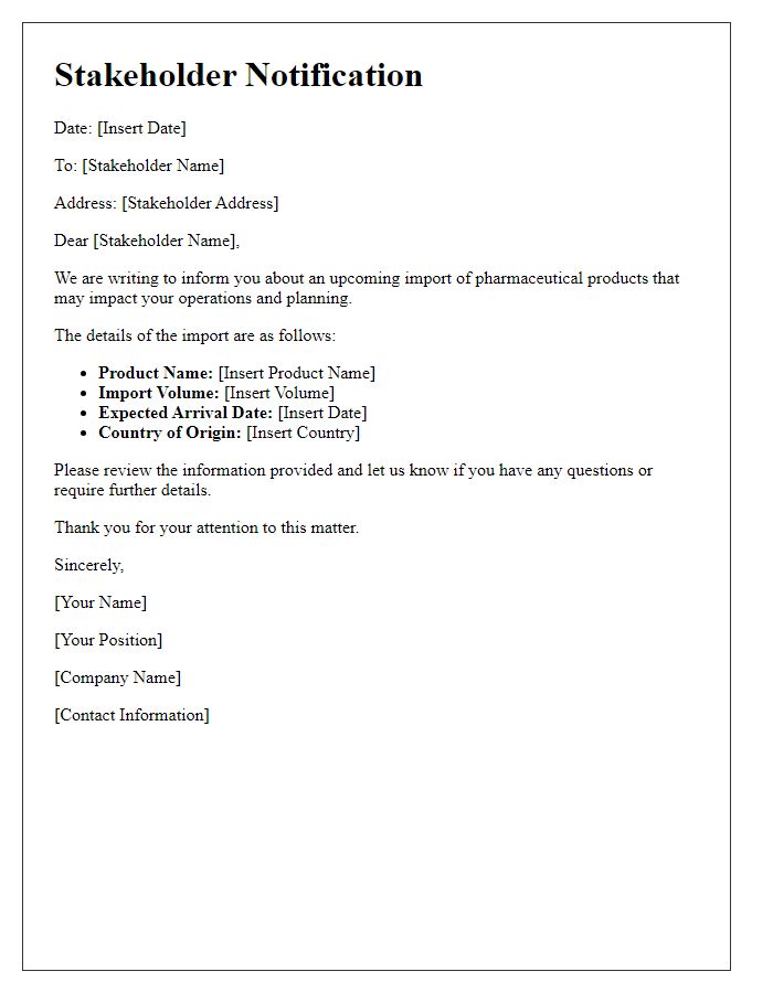 Letter template of pharmaceutical import stakeholder notification