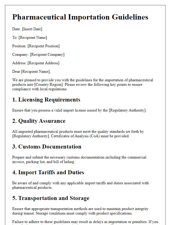 Letter template of pharmaceutical importation guidelines