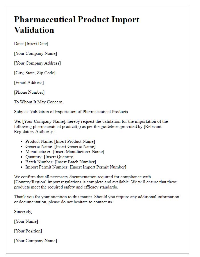 Letter template of pharmaceutical product import validation