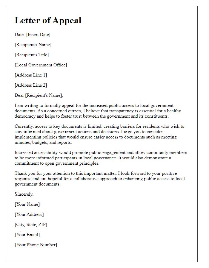 Letter template of appeal for increased public access to local government documents.