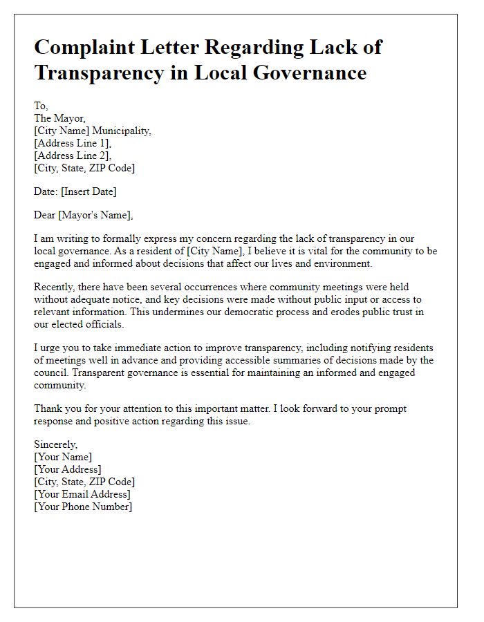 Letter template of complaint about lack of transparency in local governance.