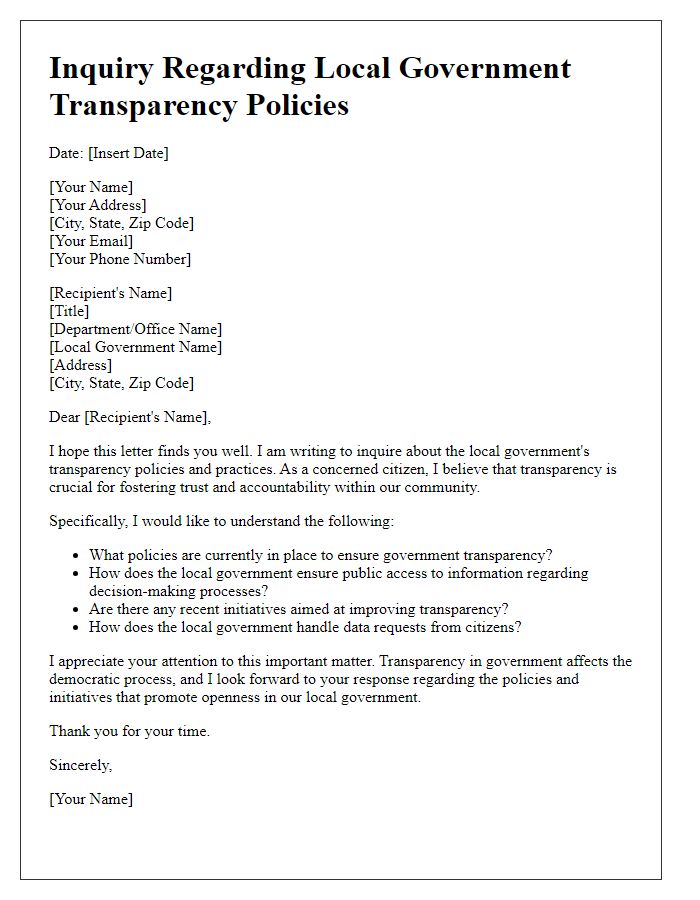 Letter template of inquiry regarding local government transparency policies.