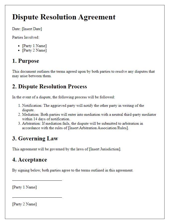 Letter template of agreement terms for dispute resolution