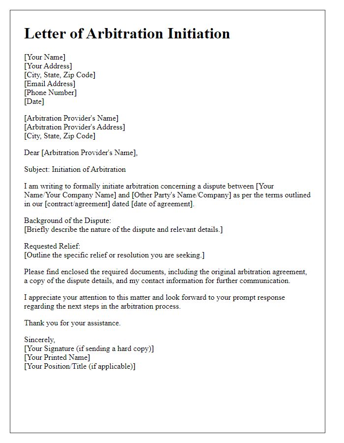 Letter template of arbitration initiation for dispute resolution