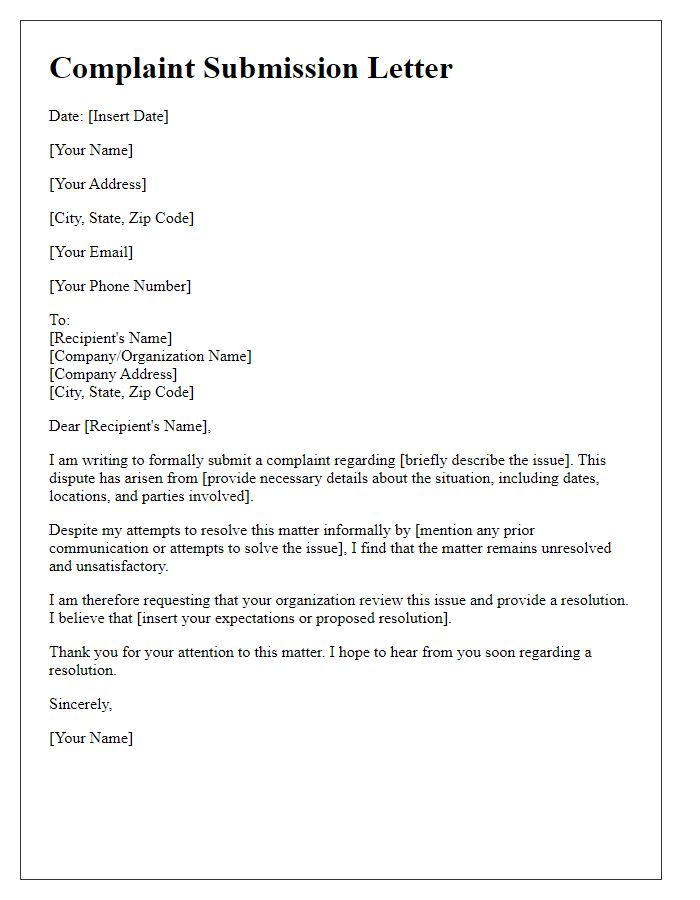 Letter template of complaint submission for dispute resolution