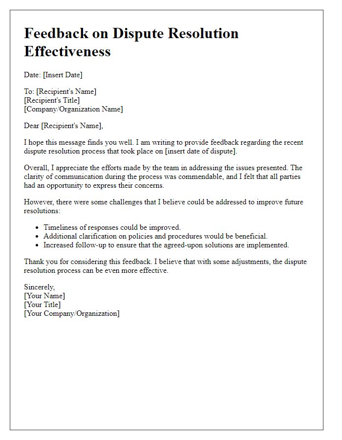 Letter template of feedback on dispute resolution effectiveness