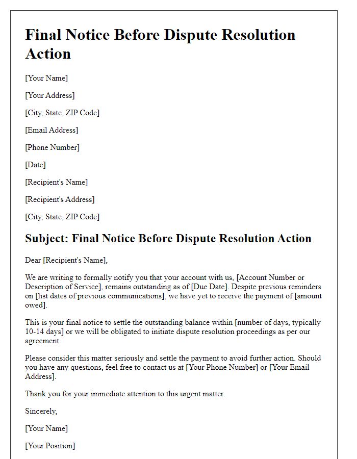 Letter template of final notice before dispute resolution action