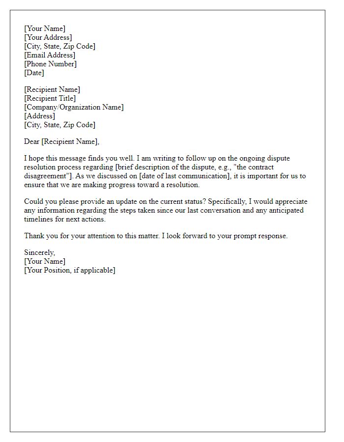 Letter template of follow-up on dispute resolution progress
