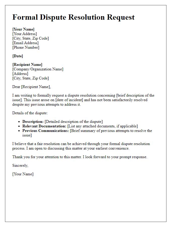 Letter template of formal dispute resolution request