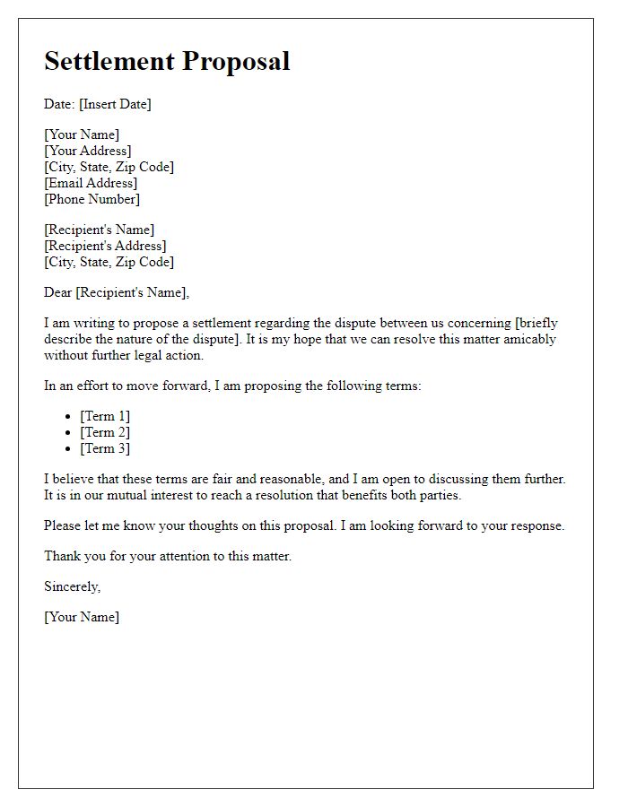 Letter template of settlement proposal for dispute resolution