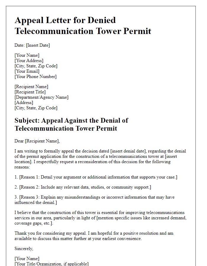 Letter template of appeal for denied telecommunication tower permit