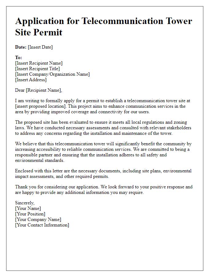 Letter template of application for telecommunication tower site permit