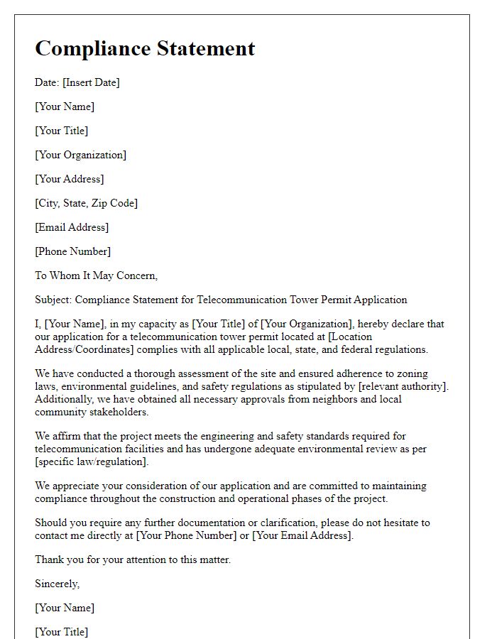 Letter template of compliance statement for telecommunication tower permit