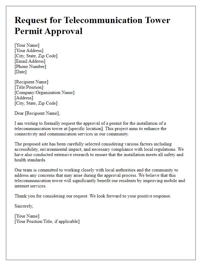 Letter template of request for telecommunication tower permit approval