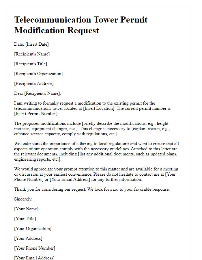 Letter template of telecommunication tower permit modification request