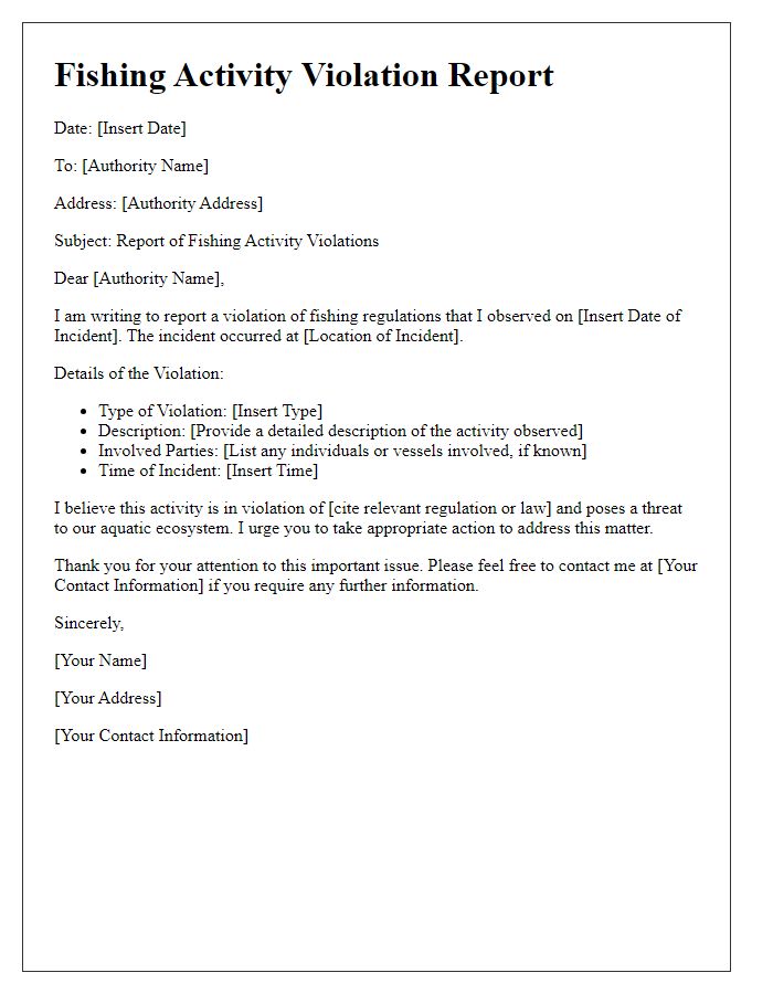 Letter template of reporting fishing activity violations.