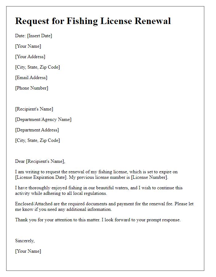 Letter template of request for fishing license renewal.