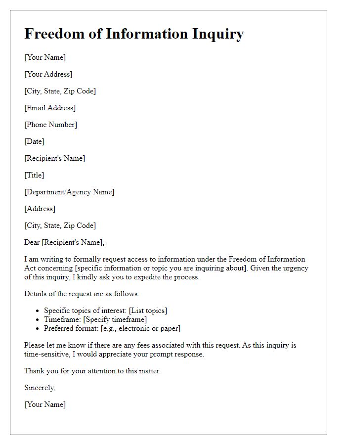 Letter template of urgent freedom of information inquiry