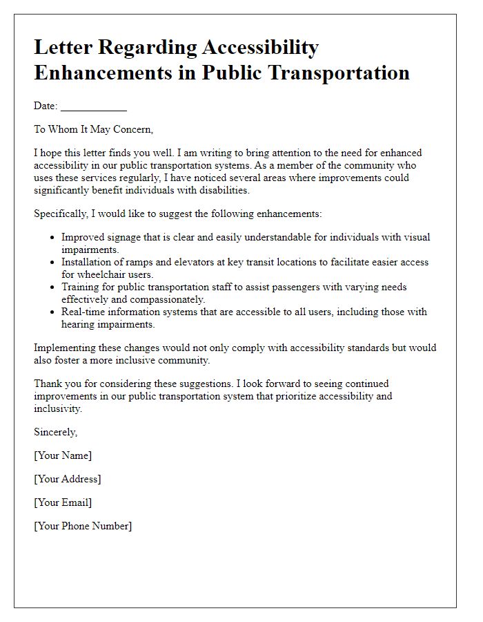 Letter template of accessibility enhancements in public transportation