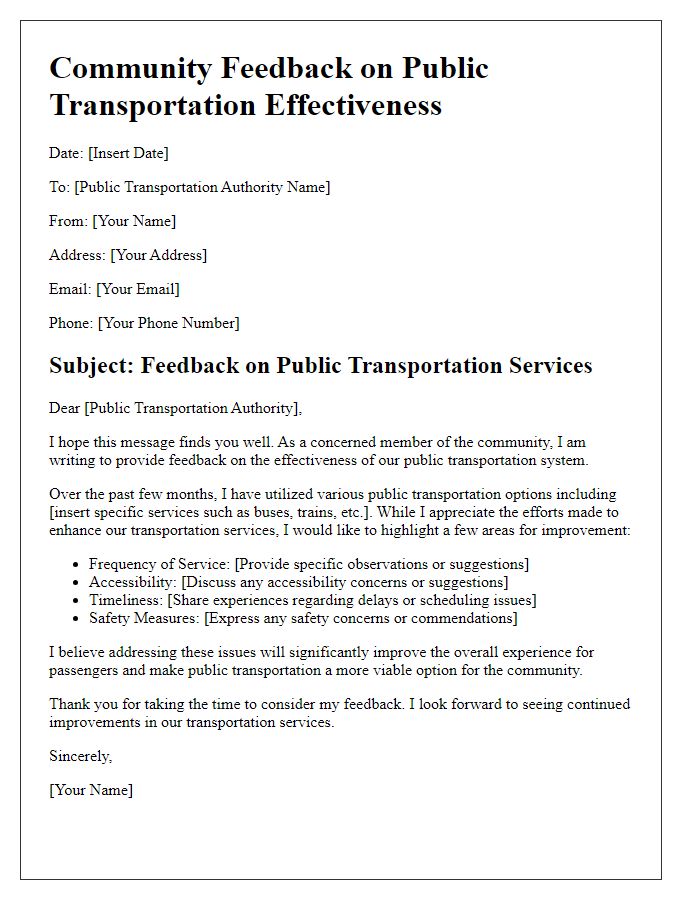 Letter template of community feedback on public transportation effectiveness