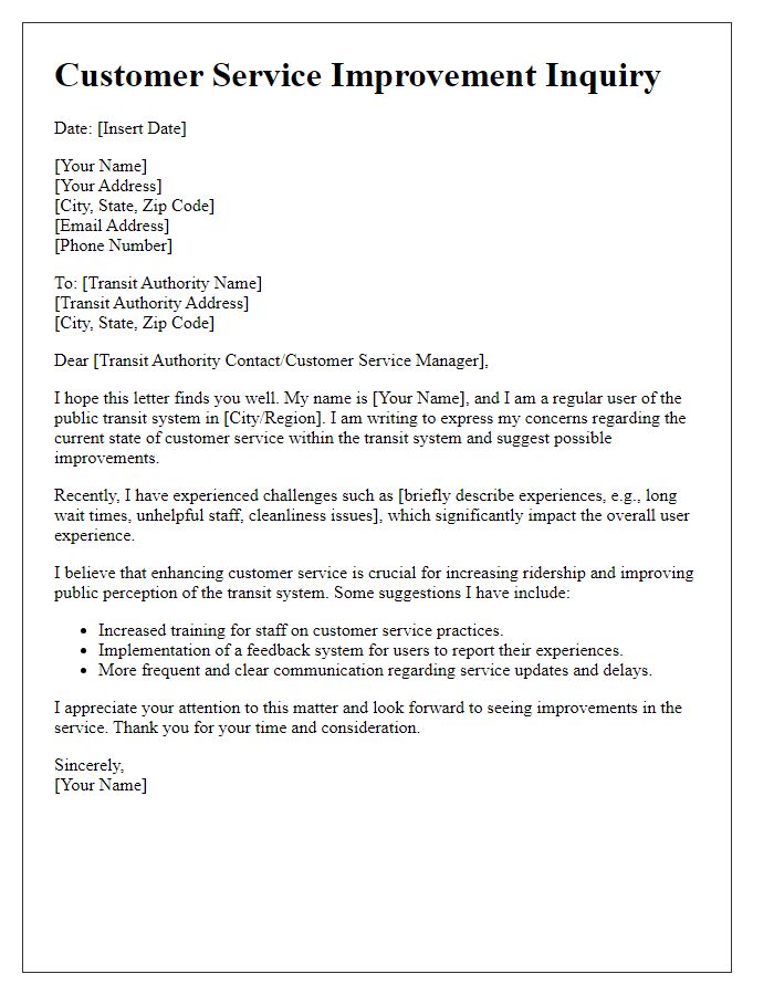 Letter template of public transit customer service improvement inquiry