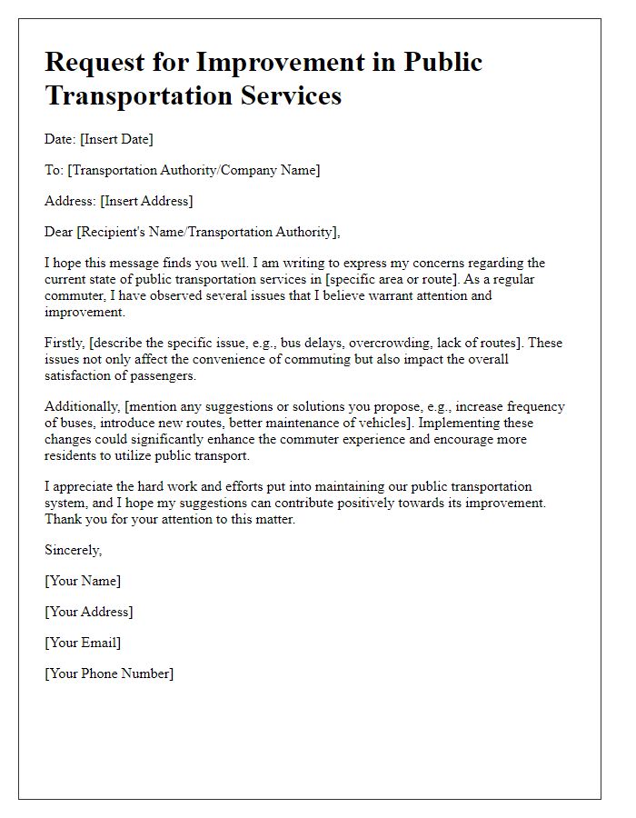 Letter template of public transportation service improvement request