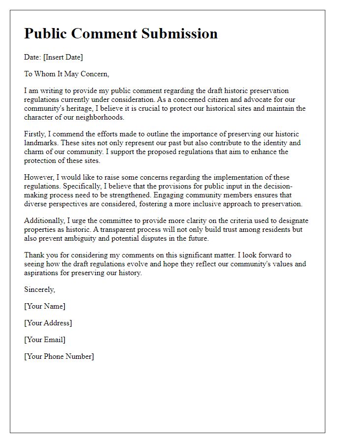 Letter template of public comment on draft historic preservation regulations.