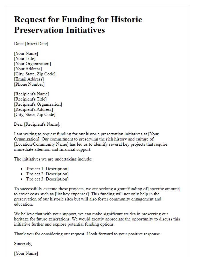 Letter template of request for funding for historic preservation initiatives.