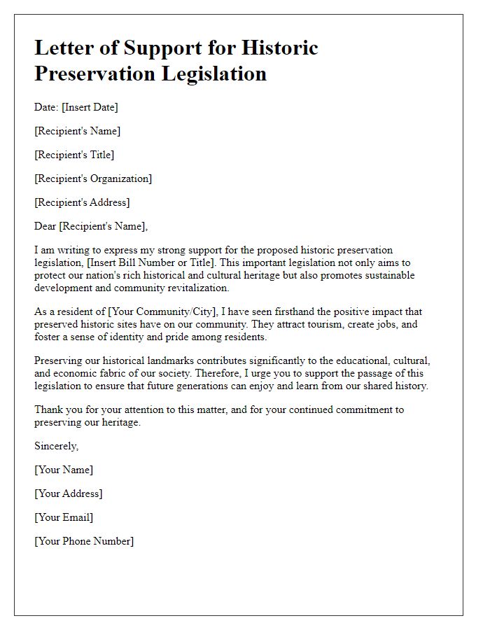 Letter template of support for historic preservation legislation.