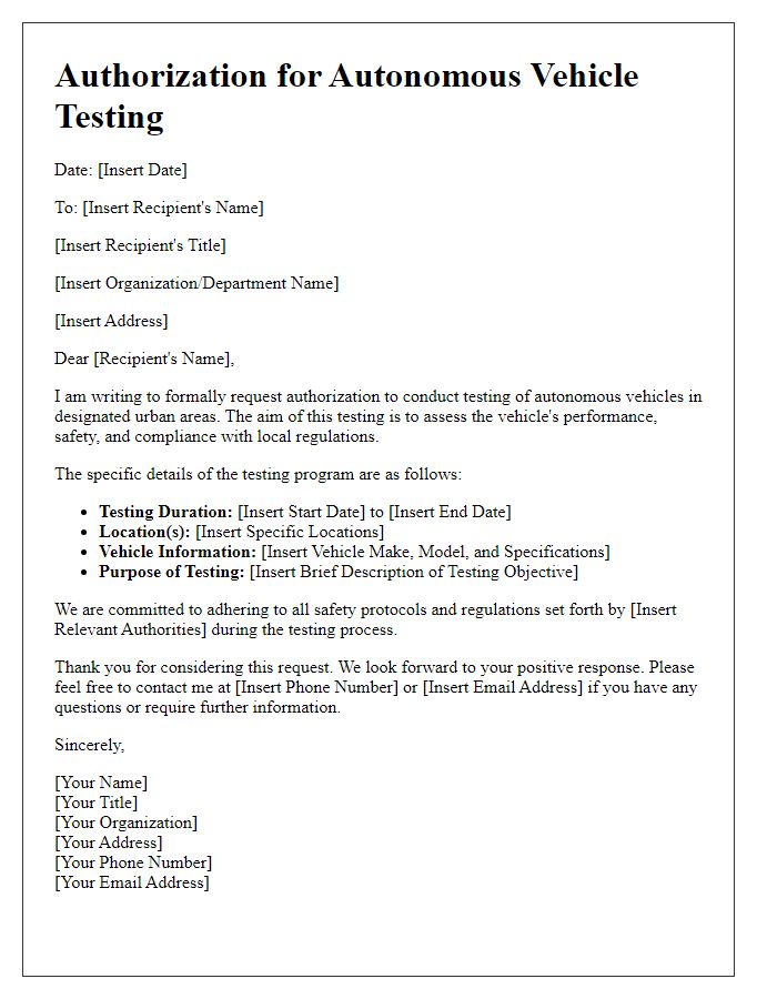 Letter template of authorization for autonomous vehicle testing in urban areas.