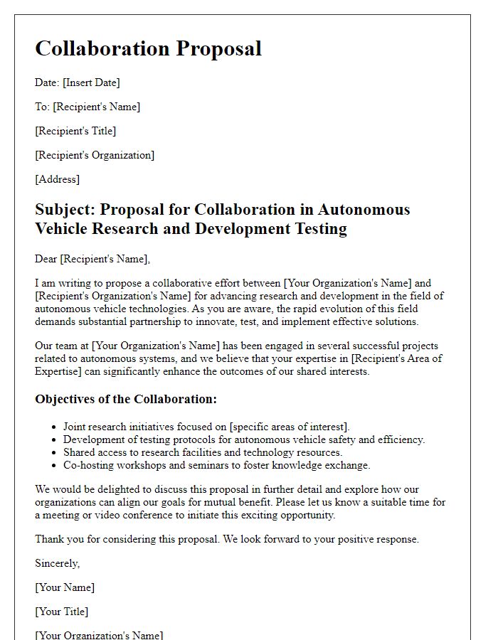 Letter template of collaboration proposal for autonomous vehicle research and development testing.