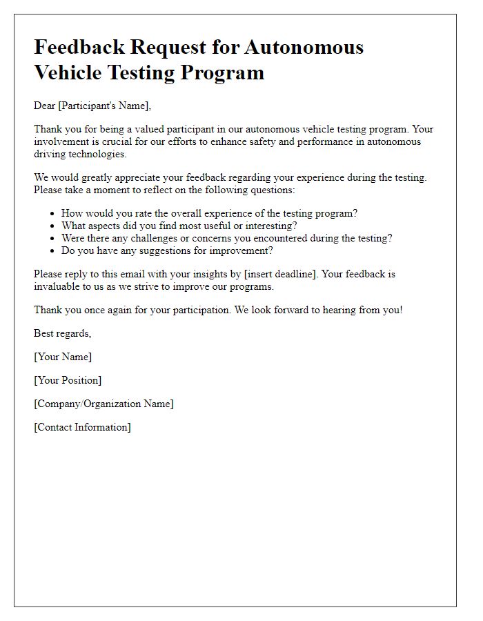 Letter template of feedback request from participants in autonomous vehicle testing programs.