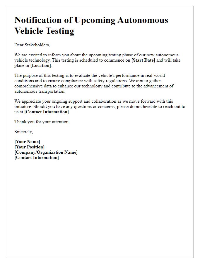 Letter template of notification for stakeholders regarding upcoming autonomous vehicle testing.