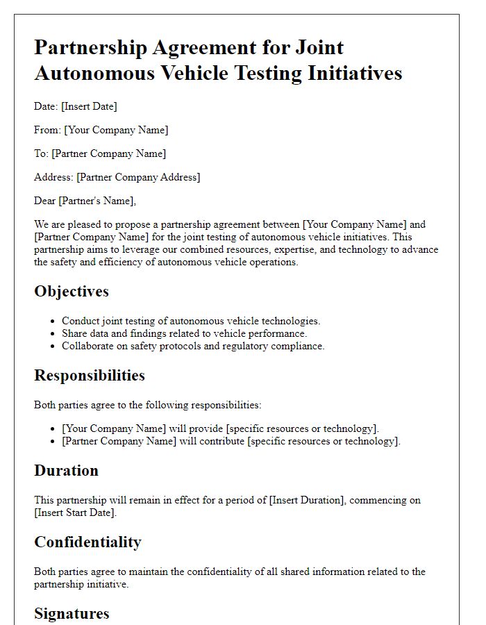 Letter template of partnership agreement for joint autonomous vehicle testing initiatives.