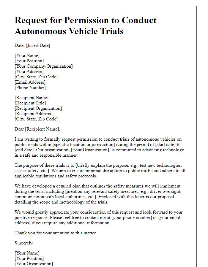 Letter template of request for permissions to conduct autonomous vehicle trials on public roads.