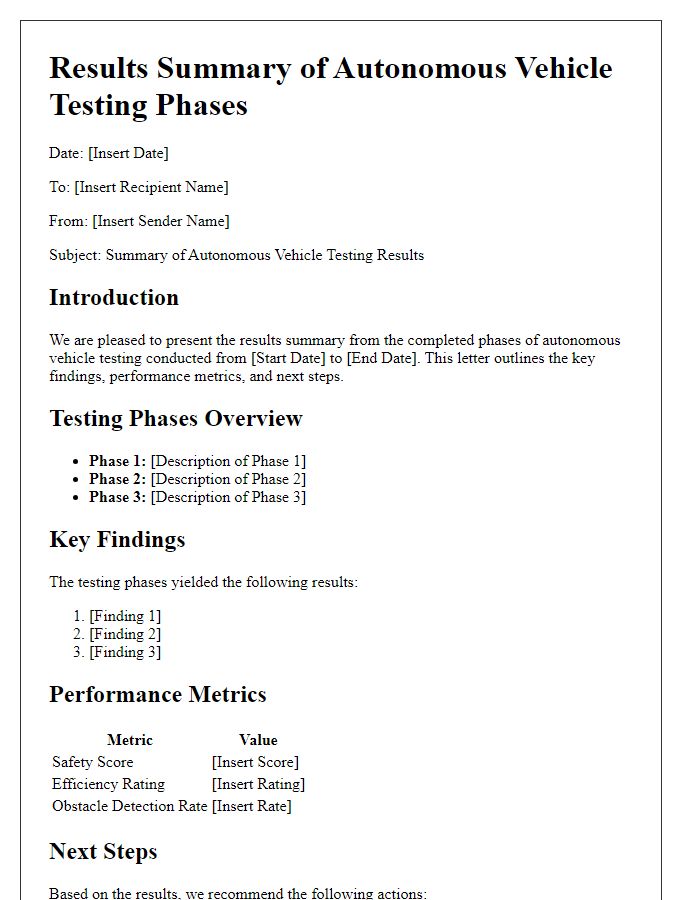 Letter template of results summary from completed autonomous vehicle testing phases.