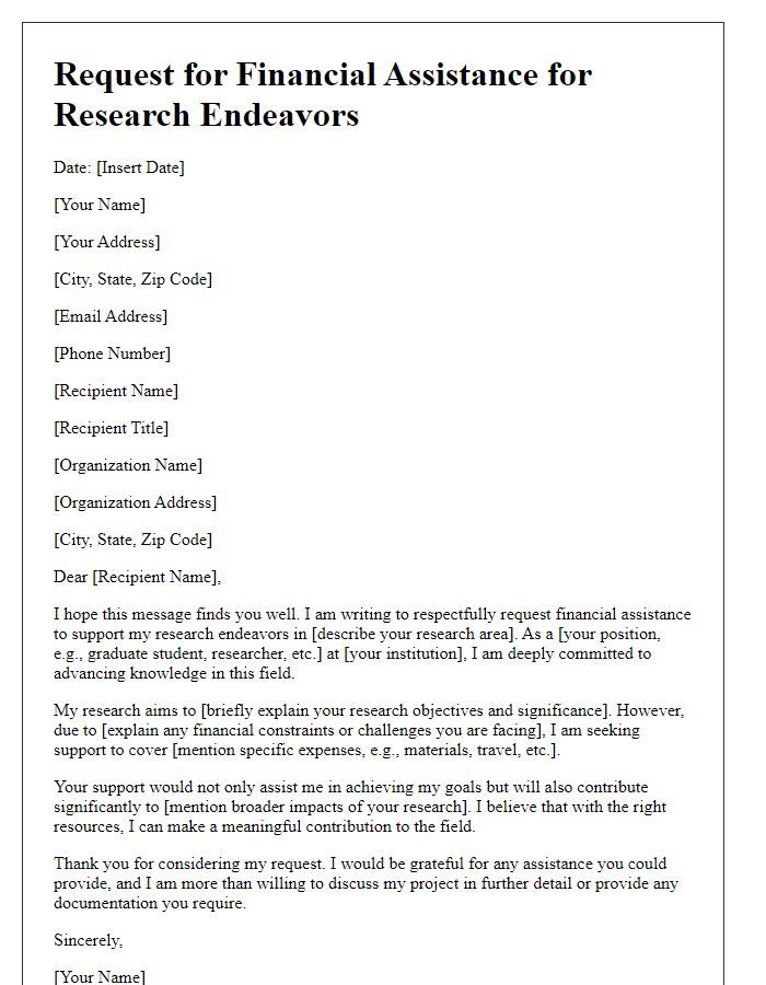 Letter template of appeal for financial assistance for research endeavors