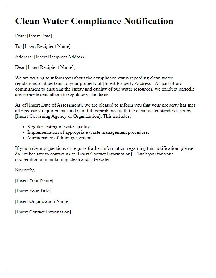 Letter template of clean water compliance notification