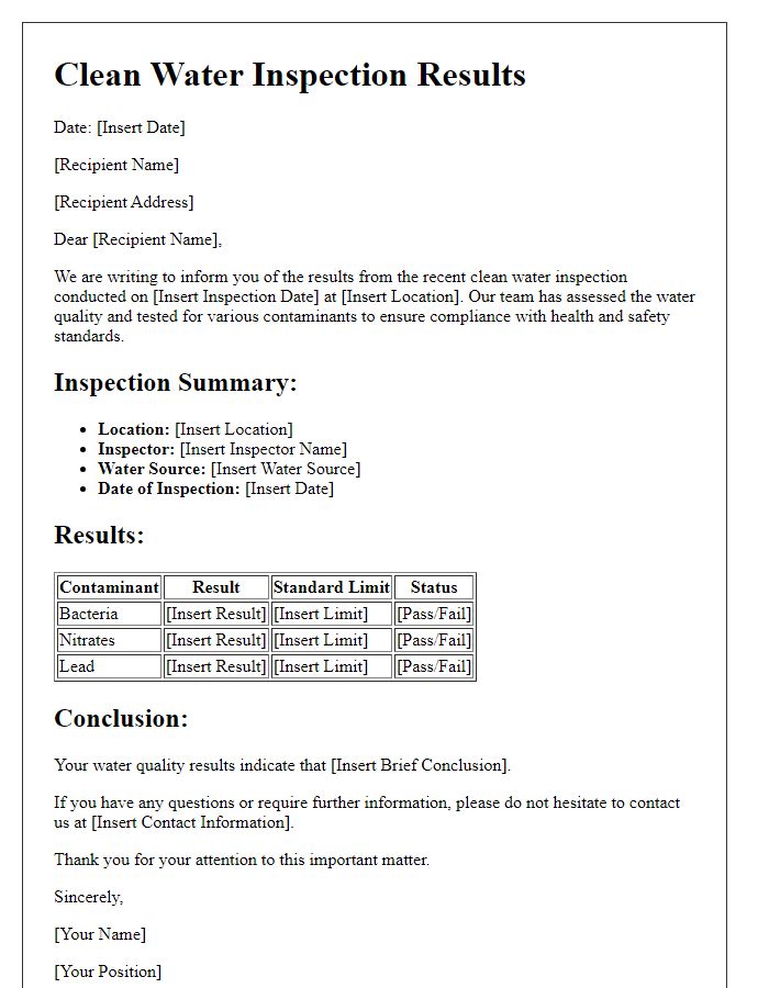 Letter template of clean water inspection results