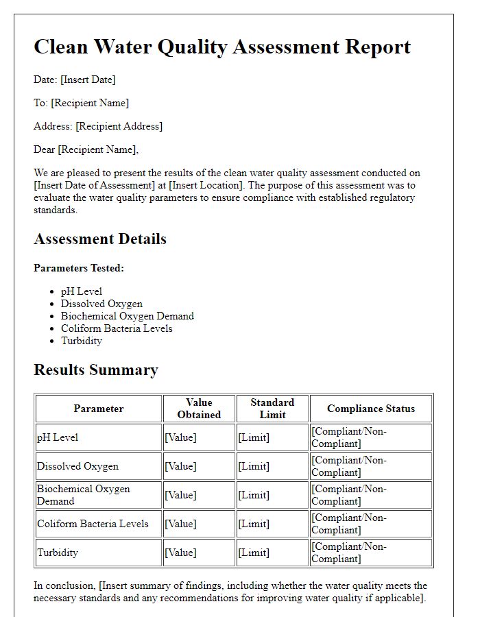 Letter template of clean water quality assessment