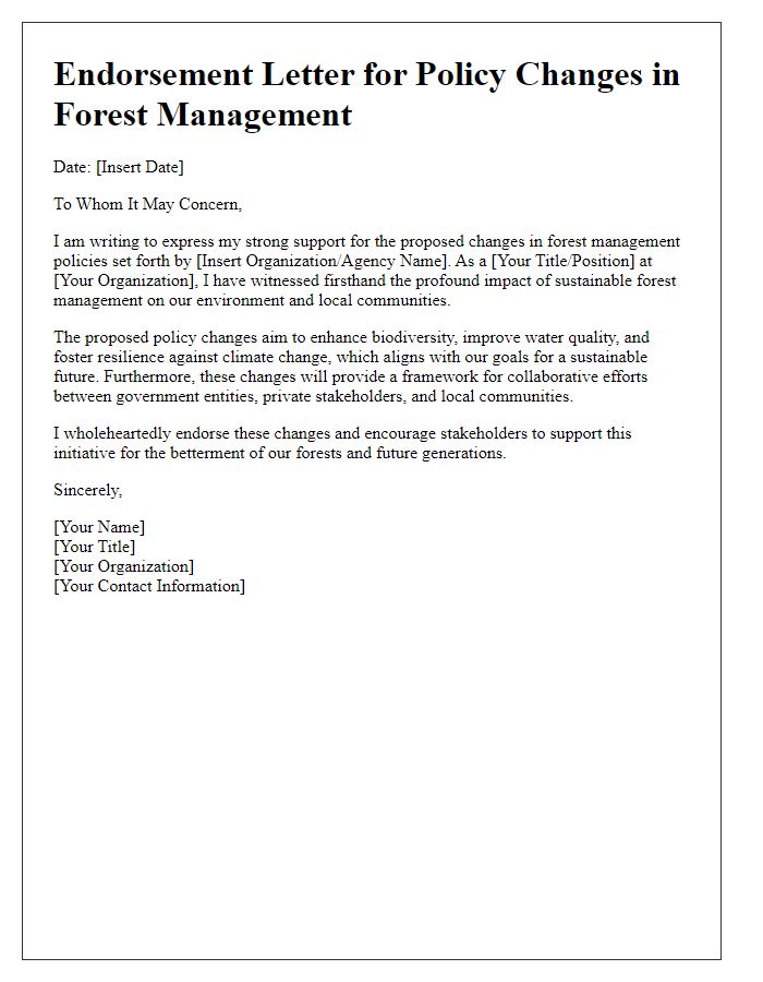 Letter template of endorsement for policy changes in forest management