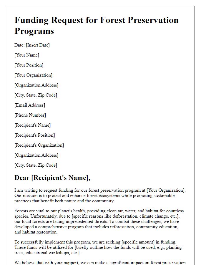 Letter template of funding request for forest preservation programs